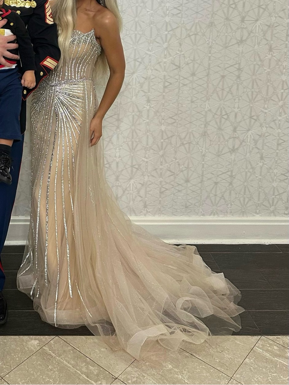 Cinderella Ladivine Elegant Nude Beaded Evening Gown